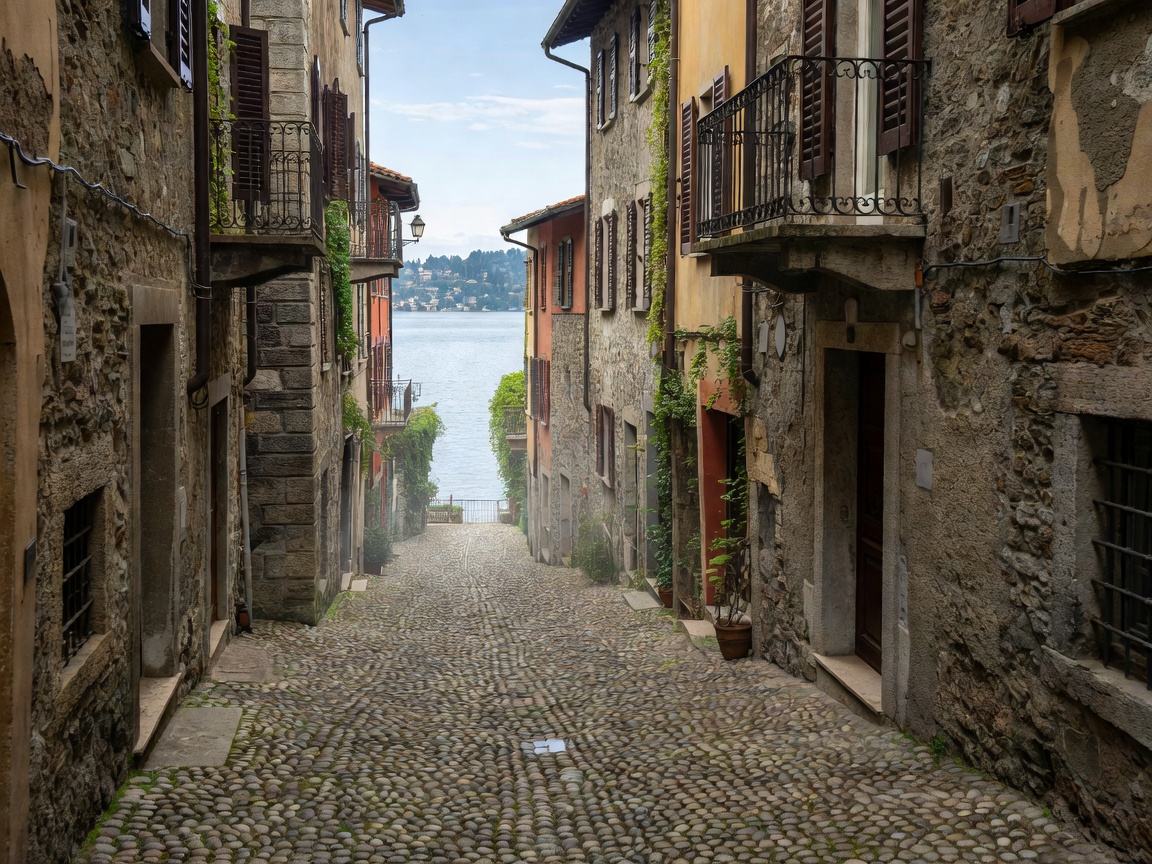 Historic cobblestone alley descending steeply toward Lake Como