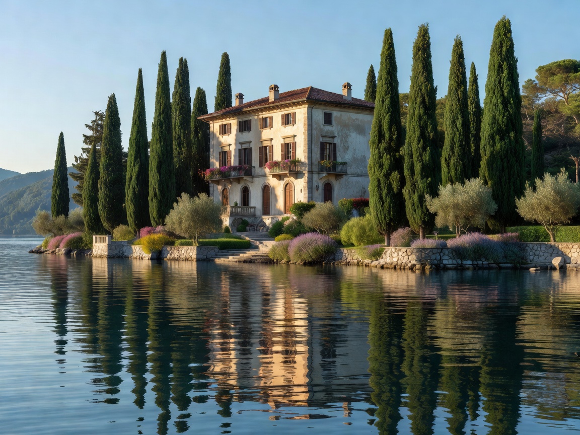 Lake Como waterfront villa surrounded by cypress trees and calm water