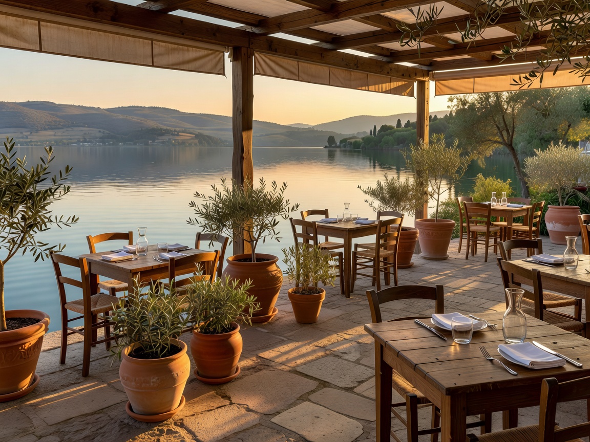 Lakeside trattoria terrace set with terracotta pots and olive branches